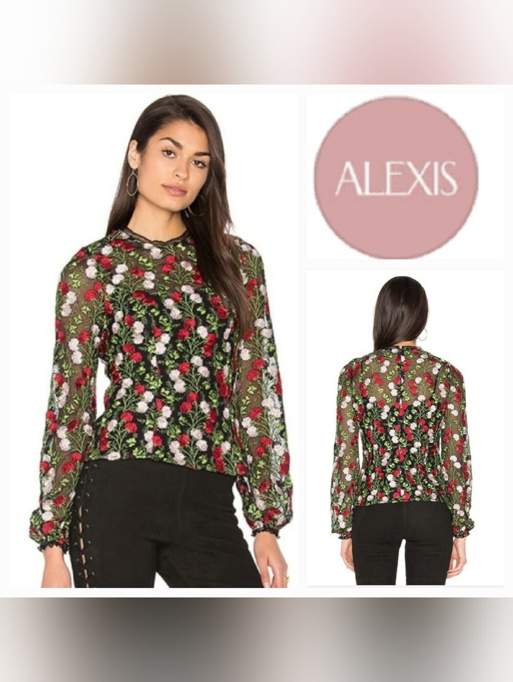 ALEXIS Aida Emroidered Mesh Blouse Black/Red Rose Blossom Sz S Quiet Luxury